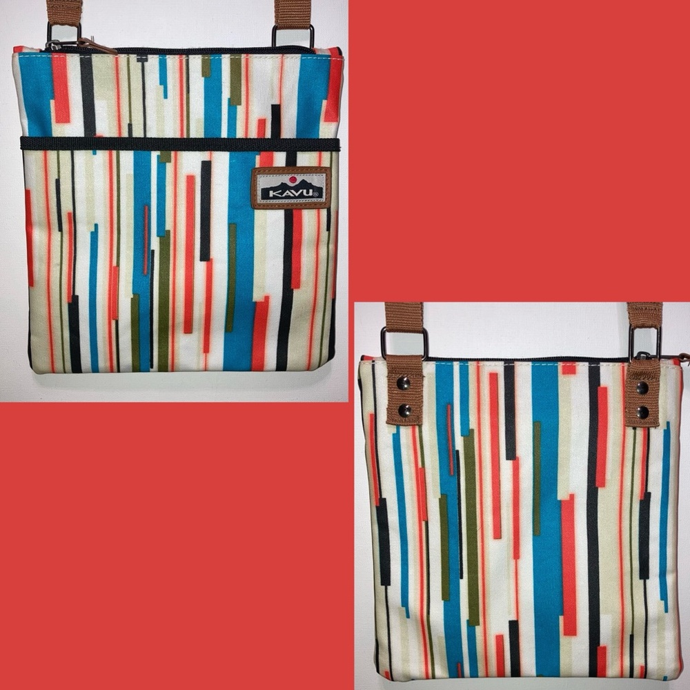 Kavu crossbody bag retro stripes, water resistant, zip closure, adj strap EUC